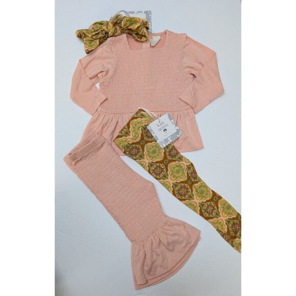 Kate Quinn Woods Pink Smocked Pants Top Set Alice Wallpaper Leggings Bundle 6-12